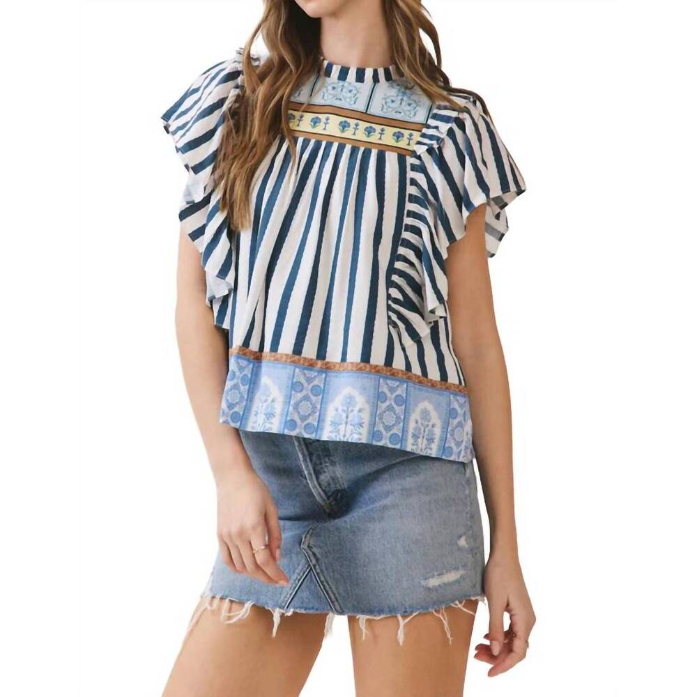 NEW TCEC sorrento stripe ruffle top in navy
